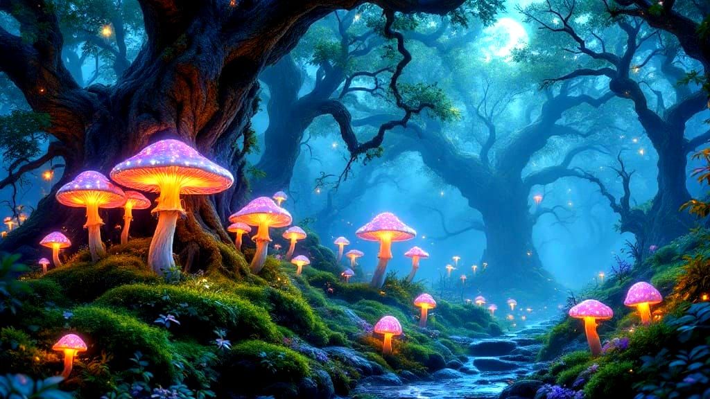 Whimsical Bioluminescent Forest Scene in Intricate Stereogra...