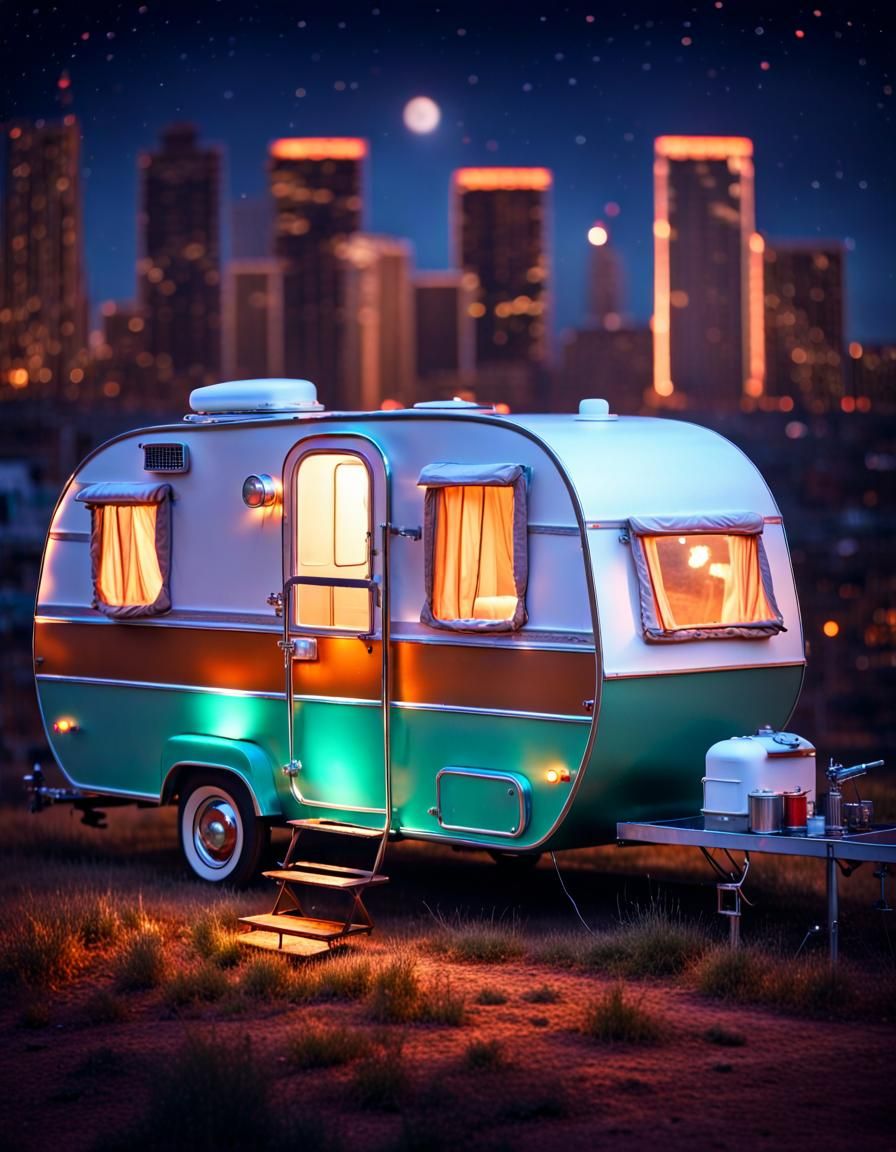 Retro Camper Van with Rocket Engine at Night
