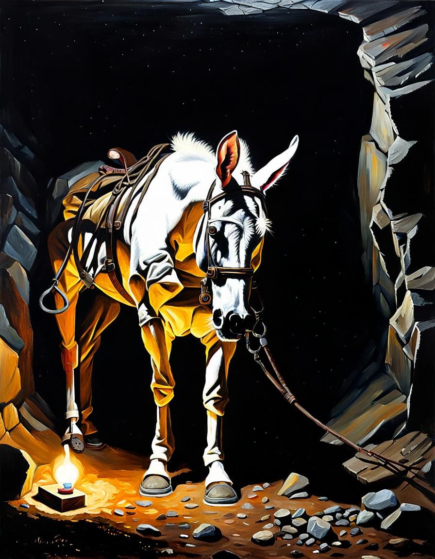 Mule Pulling Ore Cart: Photorealistic Oil Painting