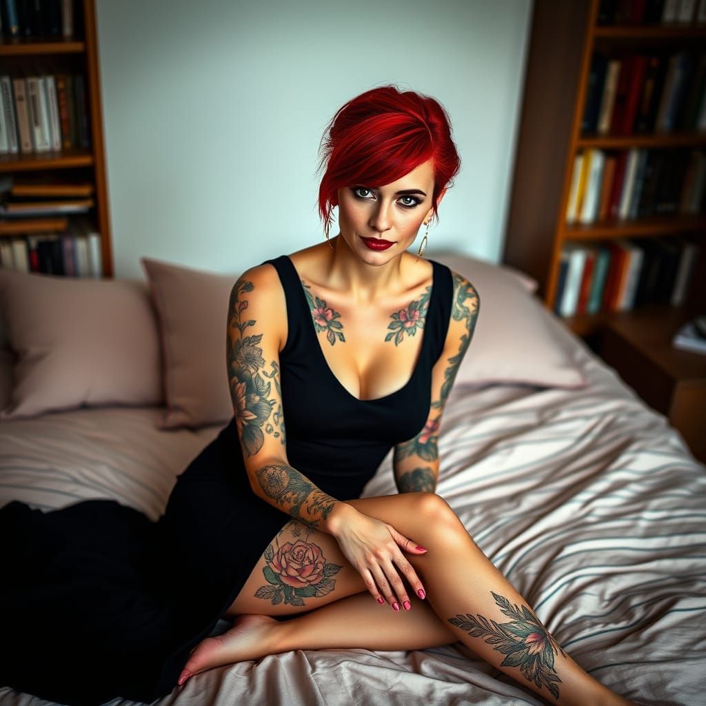 Vibrant Redhead in Cozy Ambiance with Floral Tattoos