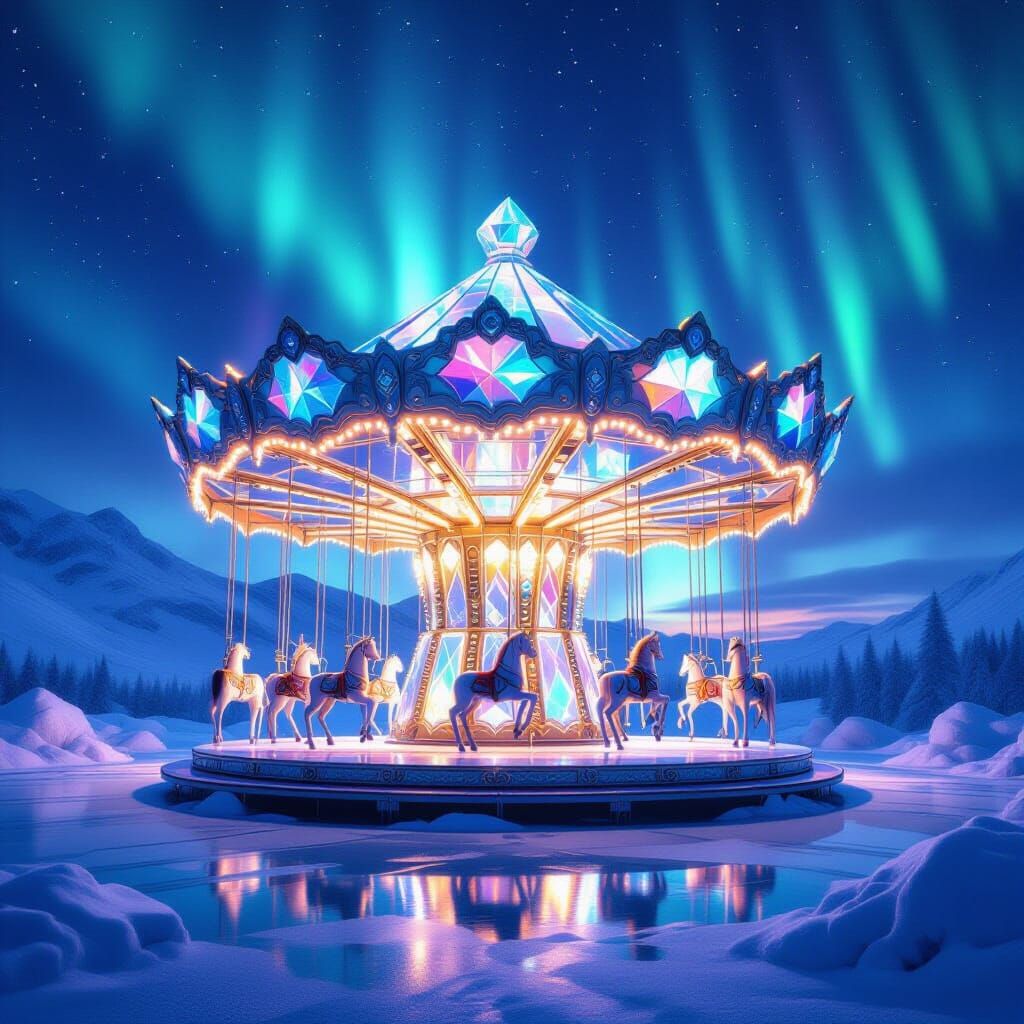Fantastical Crystal Carousel Under Aurora Borealis Sky