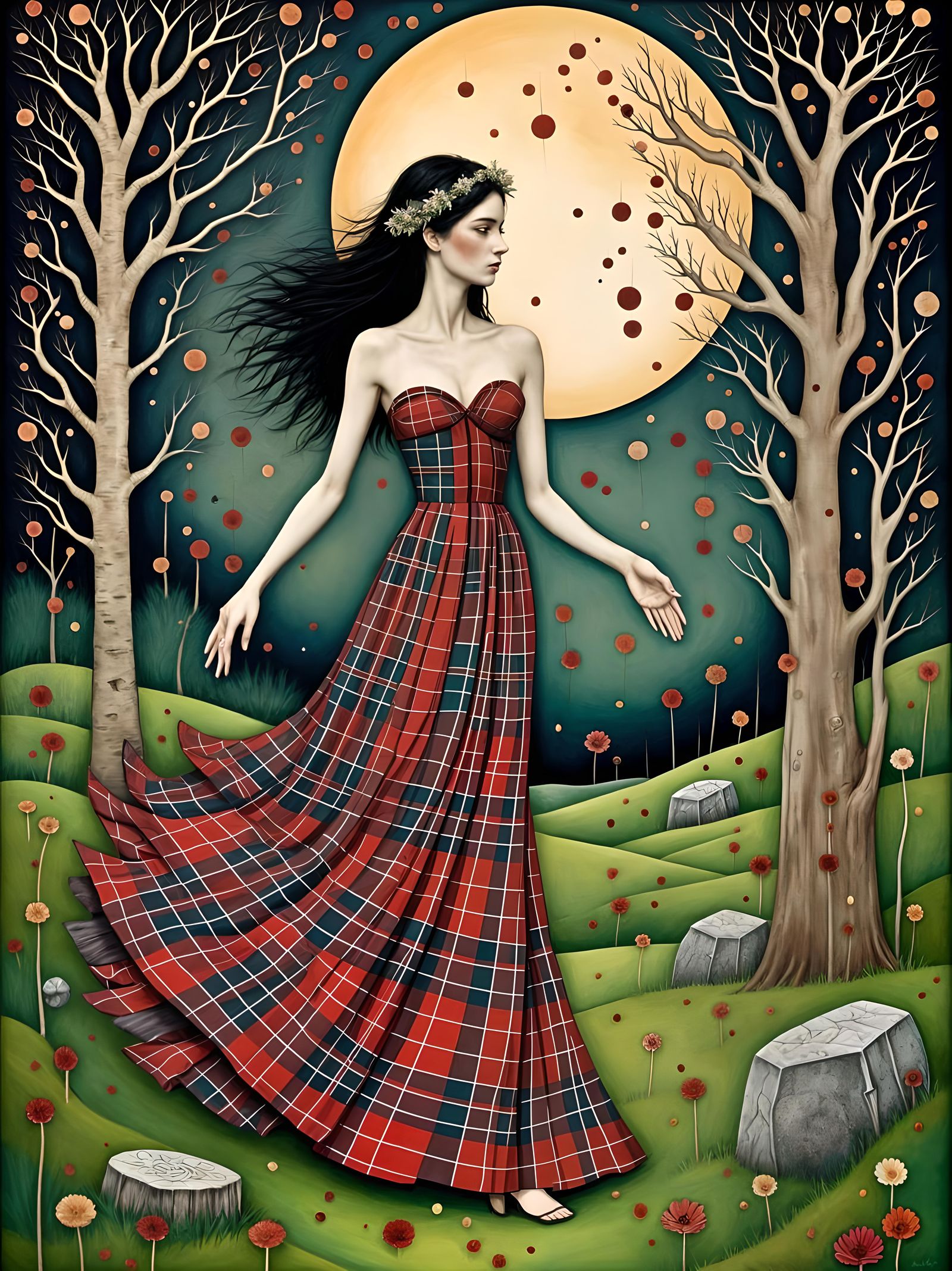 Celtic Goddess Dancing Under the Moon, Surreal Style