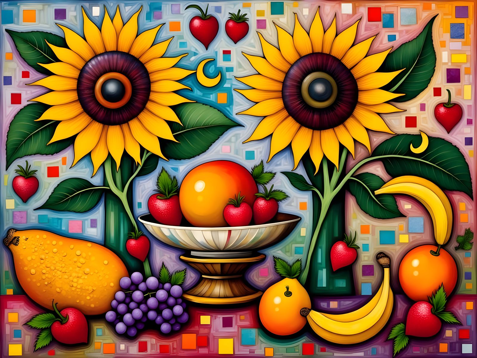 Vibrant Still Life with Sunflowers and Tropical Fruits