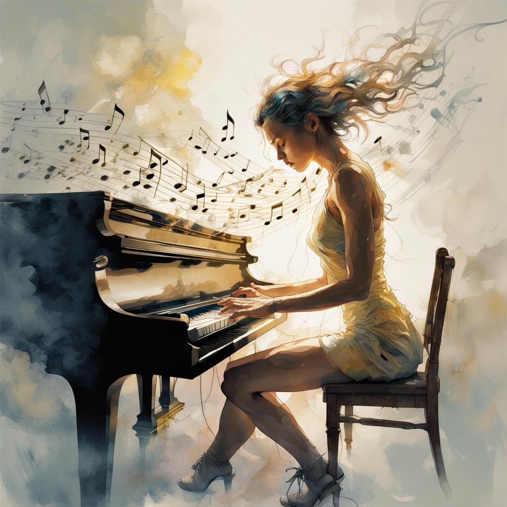 Sunshine Pianist: Watercolor Art with Double Exposure