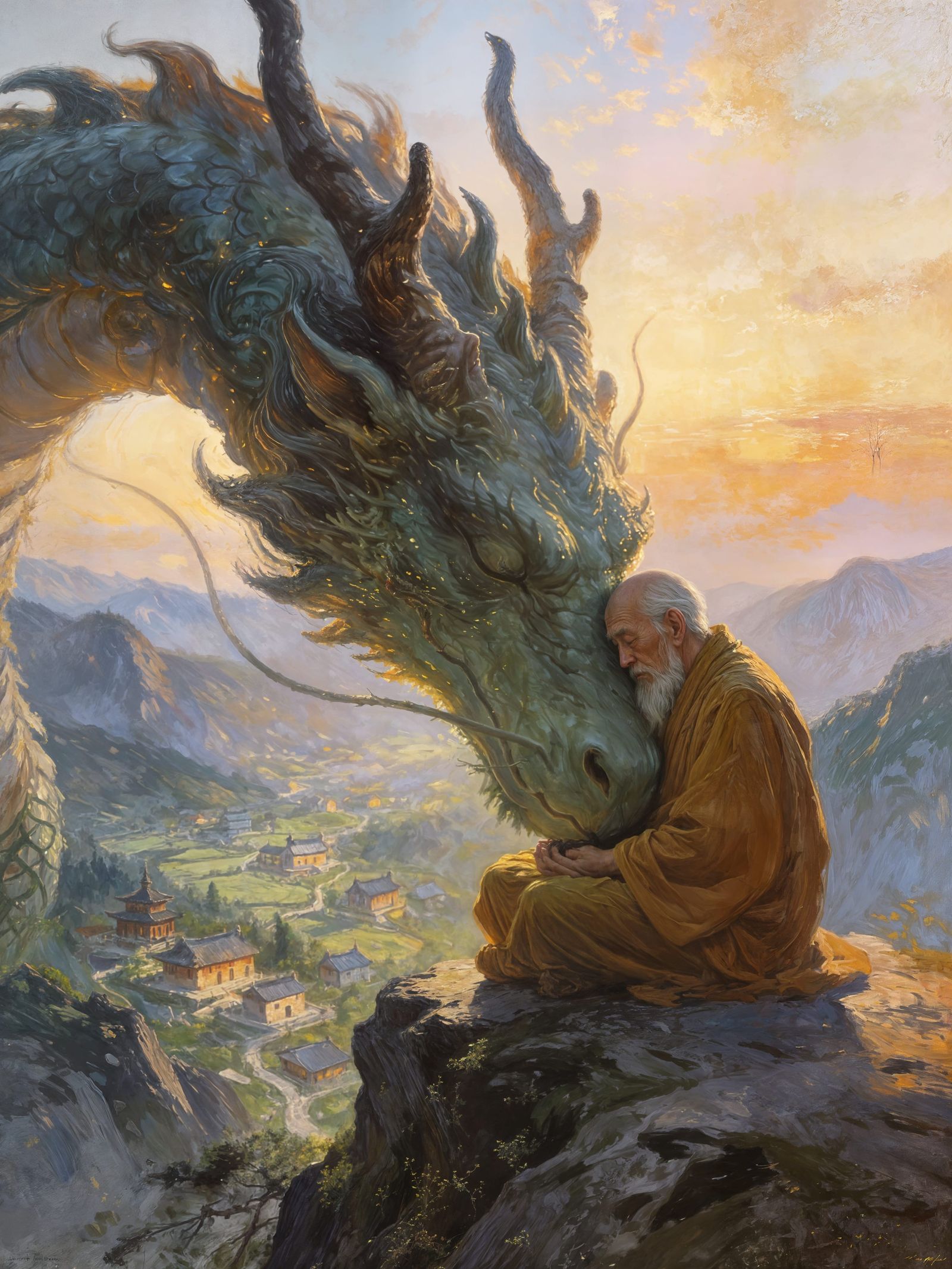 Ancient Monster Rests Peacefully With Monk at Dawn