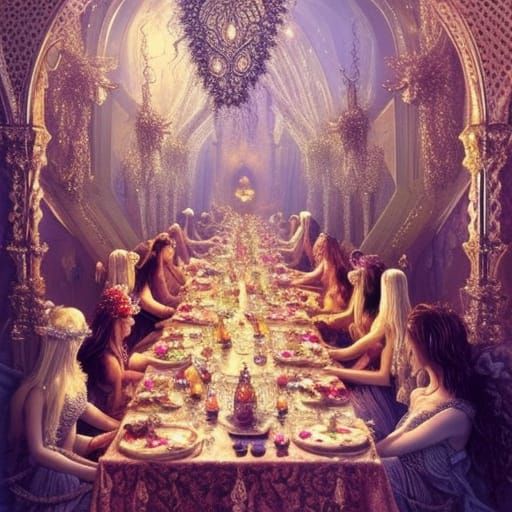 Fairies' Glittering Feast: Hyperdetailed Fantasy Art