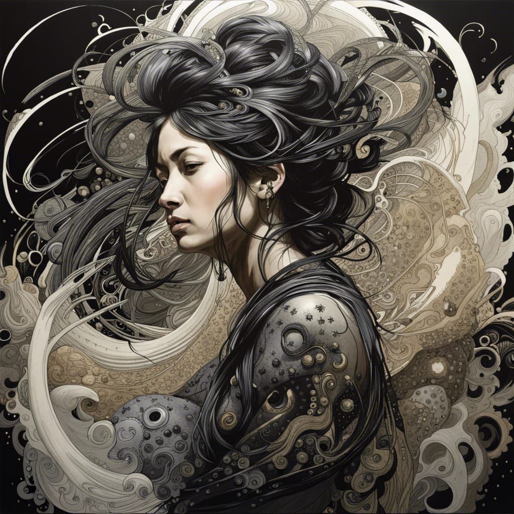 Intricate Black Ink Flow in Gouache Style