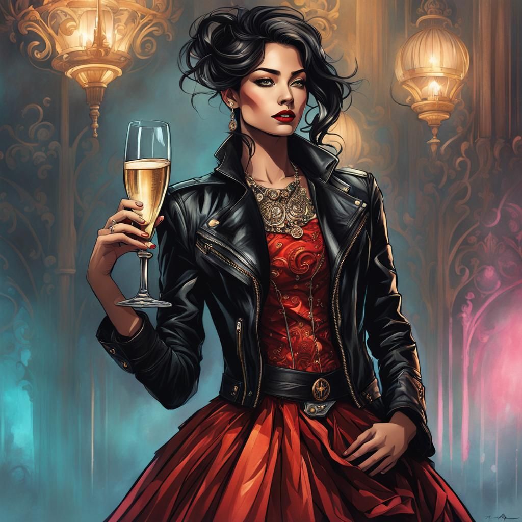 Woman in Ball Gown with Champagne, Anime Style