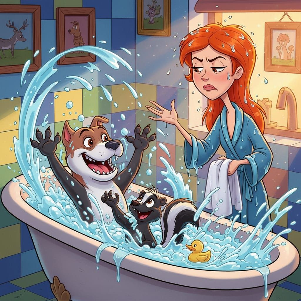 Playful Pitbull & Skunk Bathtub Chaos with Red-Haired Owner