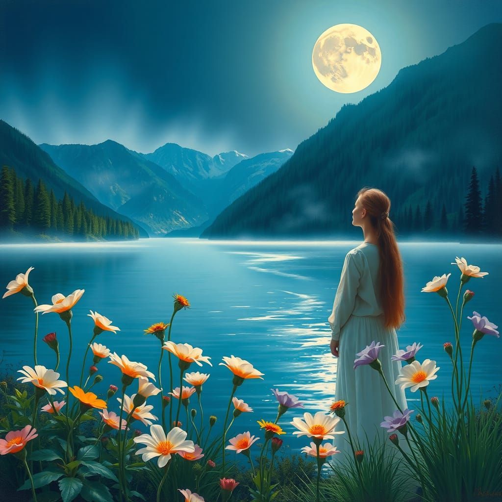 Moonlit Serenity over Silver Lake with Vibrant Flowers and M...