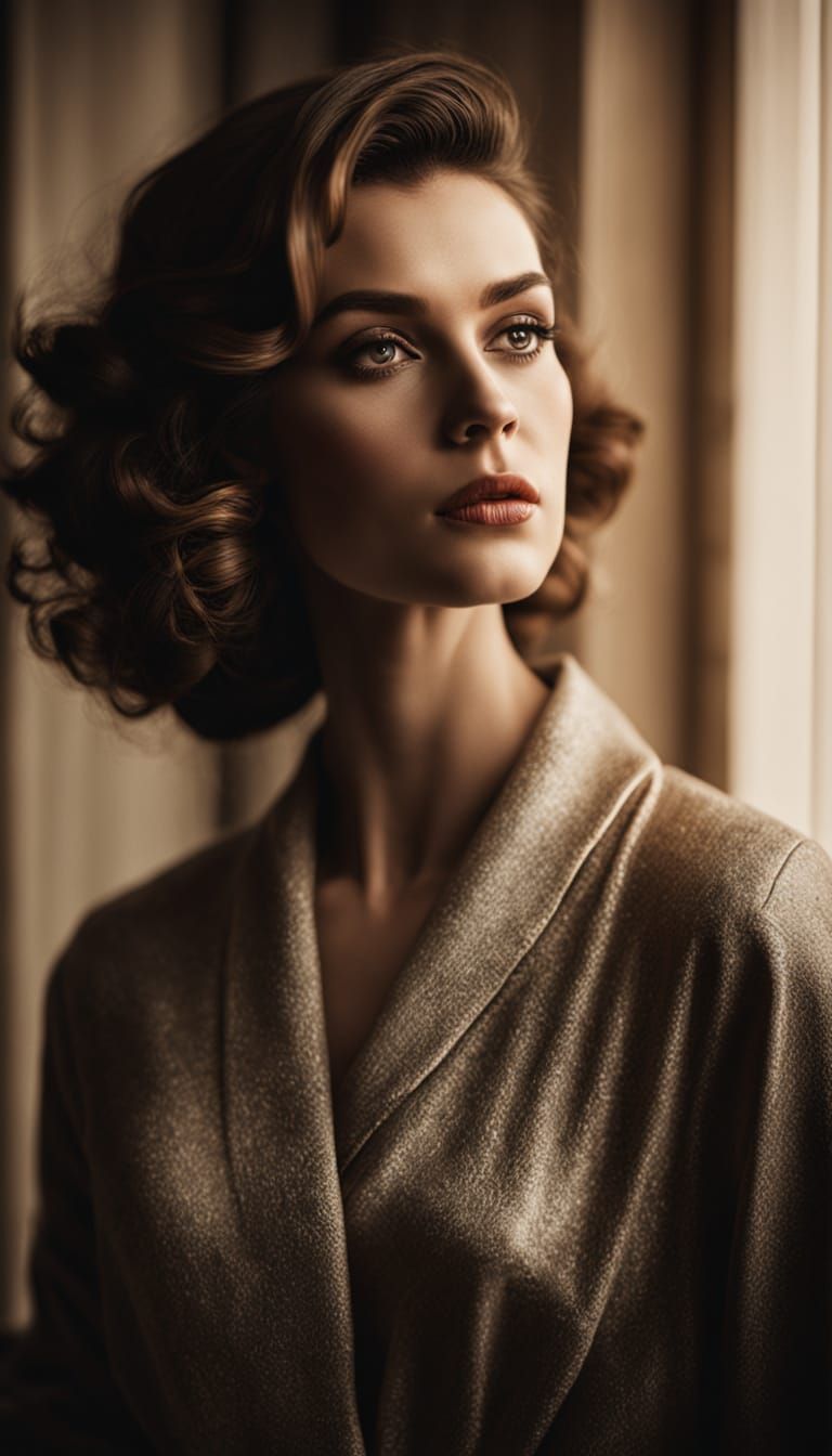 Elegant Woman in Luxurious Loungewear, Vintage Film Noir Sty...