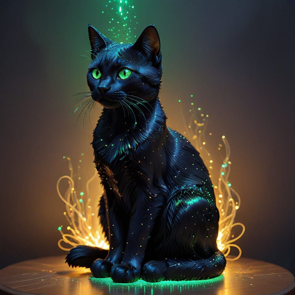 Whimsical Black Cat with Glowing Green Eyes in Uv Light Art