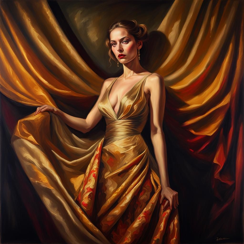 Mysterious Woman in Opulent Dress: Hyperrealistic Oil Painti...