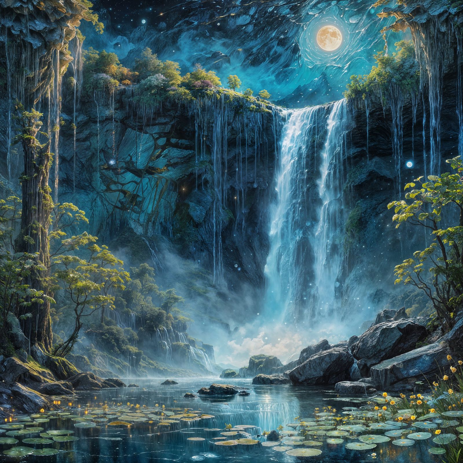 Majestic Waterfall in Space with Glistening Moon
