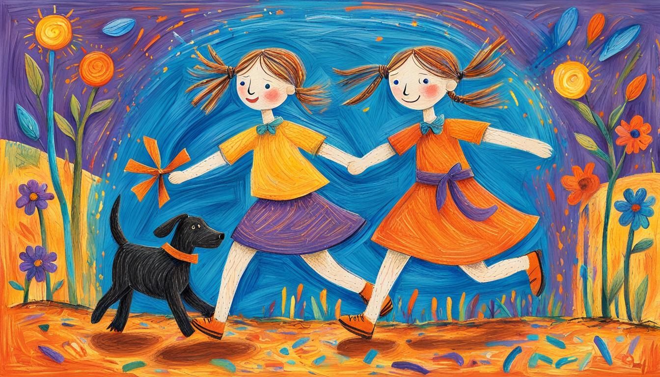 Naive Art: Children and Dog Running