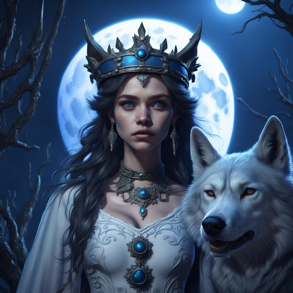 Girl with Wolf Under Moonlit Sky