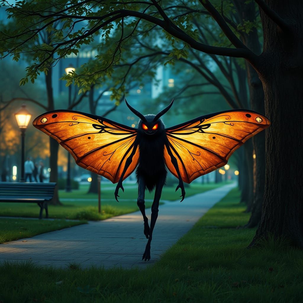 Mothman Strolls Through a City Park