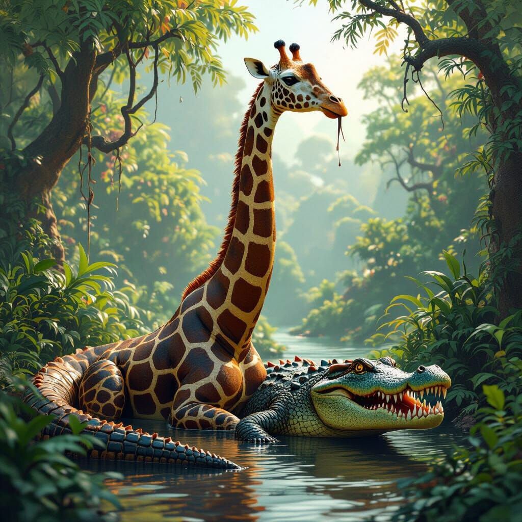 Serpent-Giraffe-Crocodile Hybrid in Detailed Matte Painting