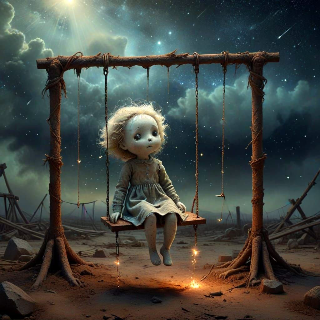 Surreal Cosmic Sky Over Abandoned Doll