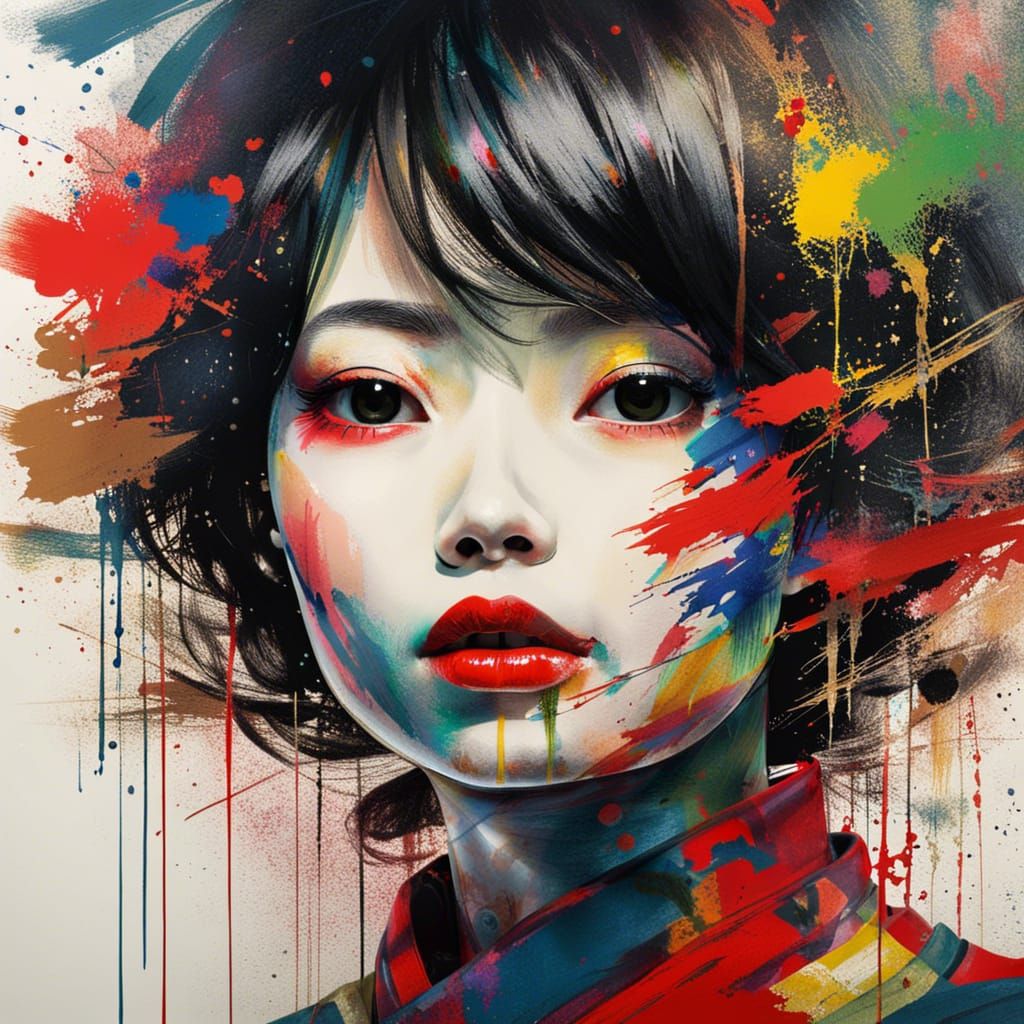Japanese Girl with Colorful Brushstrokes, Amano-Style