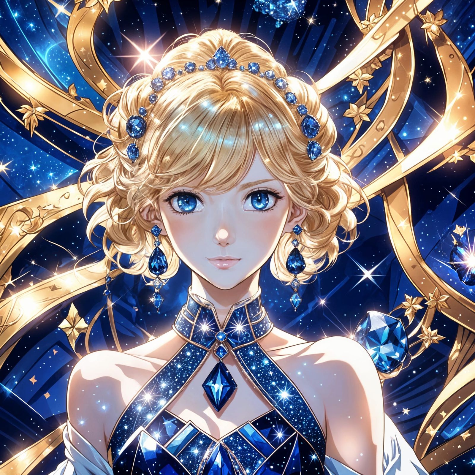 Blonde Woman in Sapphire Jewelry, Anime Style