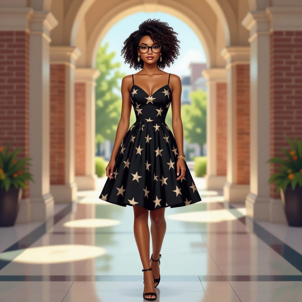 Confident College Student in Star Dress with Glasses