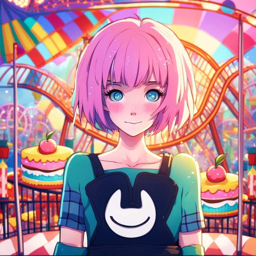 Anime-Style British Woman at Funfair with Pastel Colors