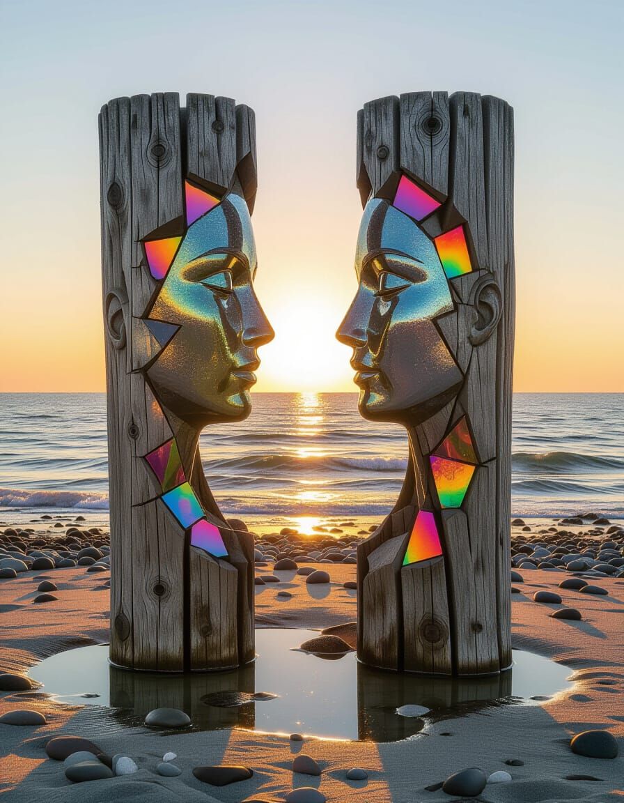 Coastal Sculpture with Iridescent Sunset Reflections