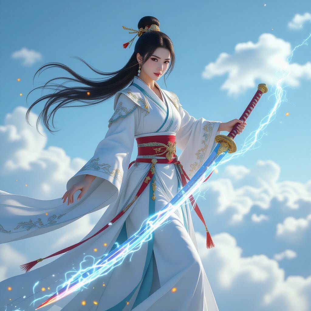 Chinese Warrior Ascends on Flying Sword in Digital Art