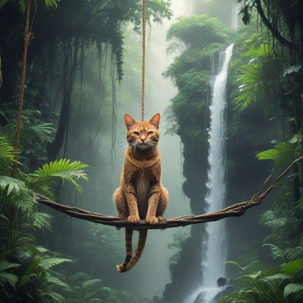 Vibrant Jungle Zip Line Cat in Street Art Style