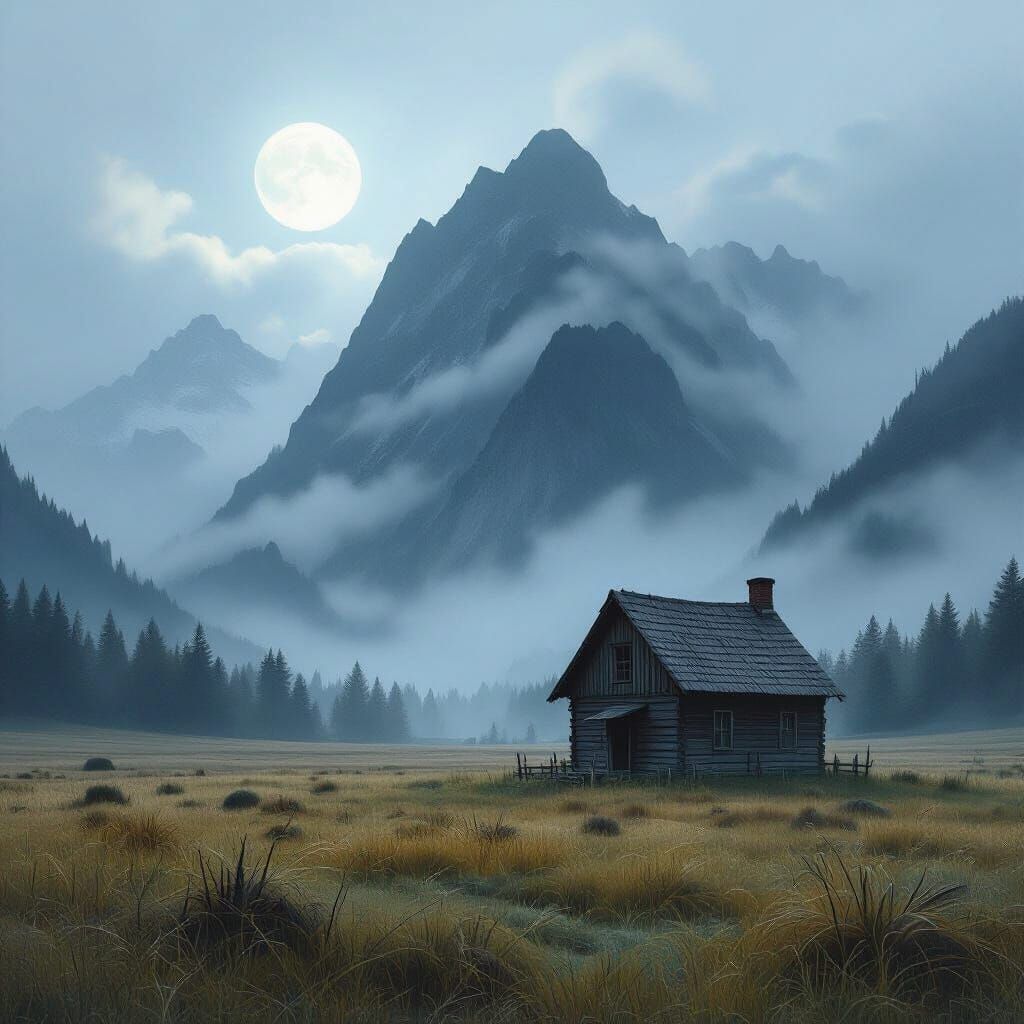 Rustic House in Moonlit Field with Misty Peaks