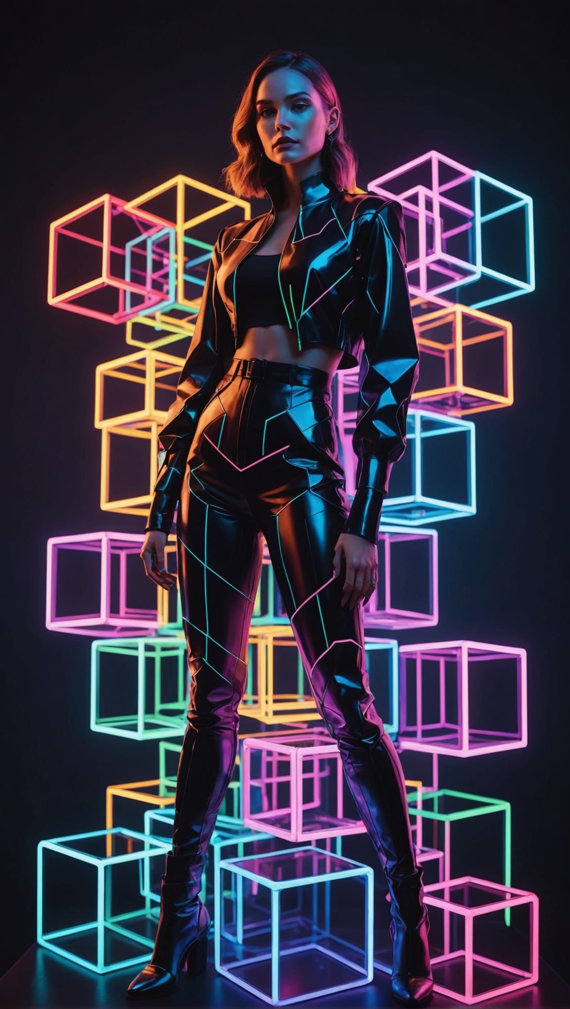 Woman on Neon Cubes: A Cyberpunk Artwork