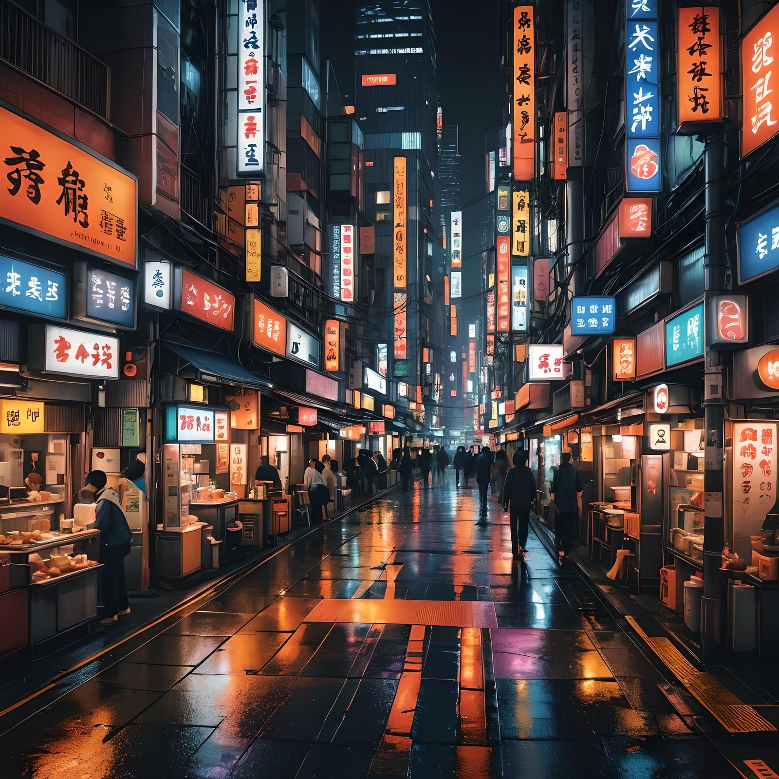 Tokyo Night Street View in Digital Art Style