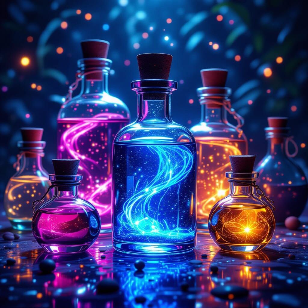 Vibrant Glowing Potions with Luminous Liquid
