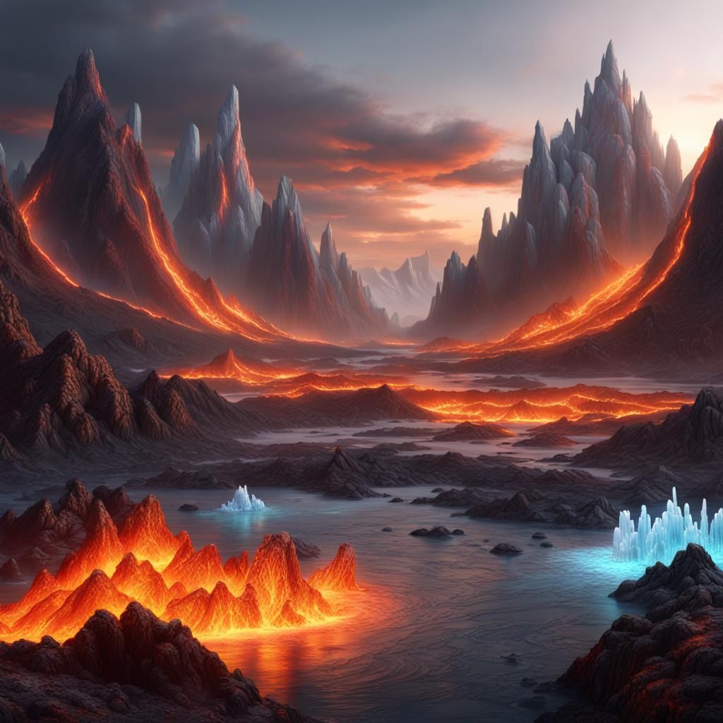 Epic Elemental Landscape with Volcano and Frozen Lake