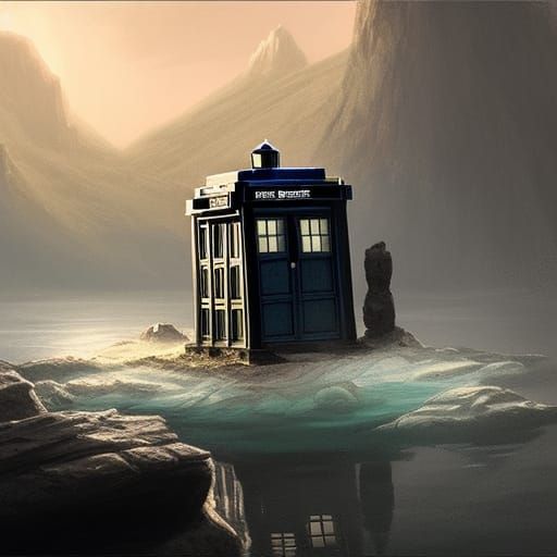 Tardis in Lake at Dawn: Dark Fantasy Concept Art