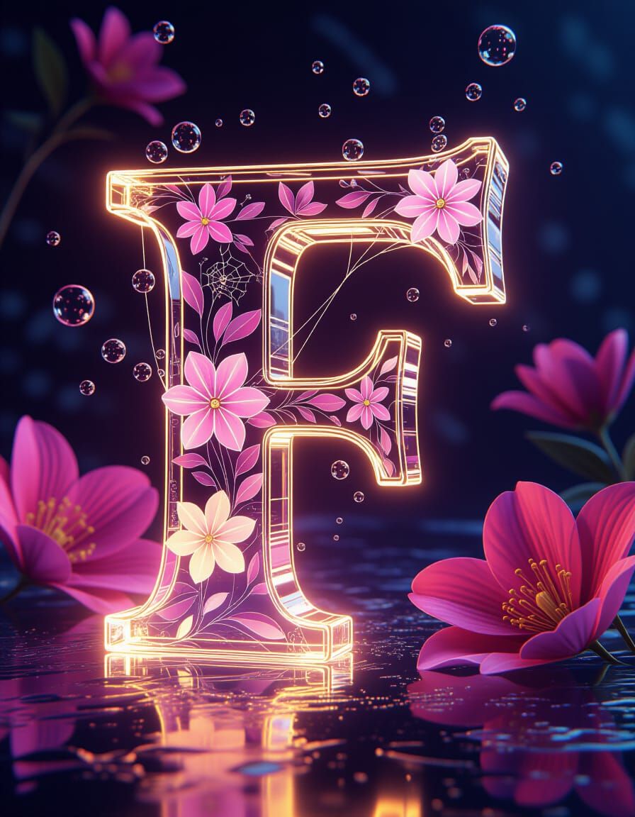 Translucent Ice Letter F with Floral Web