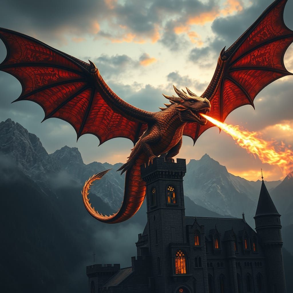 Majestic Fire Dragon Soars Above Medieval Castle in Hyperrea...