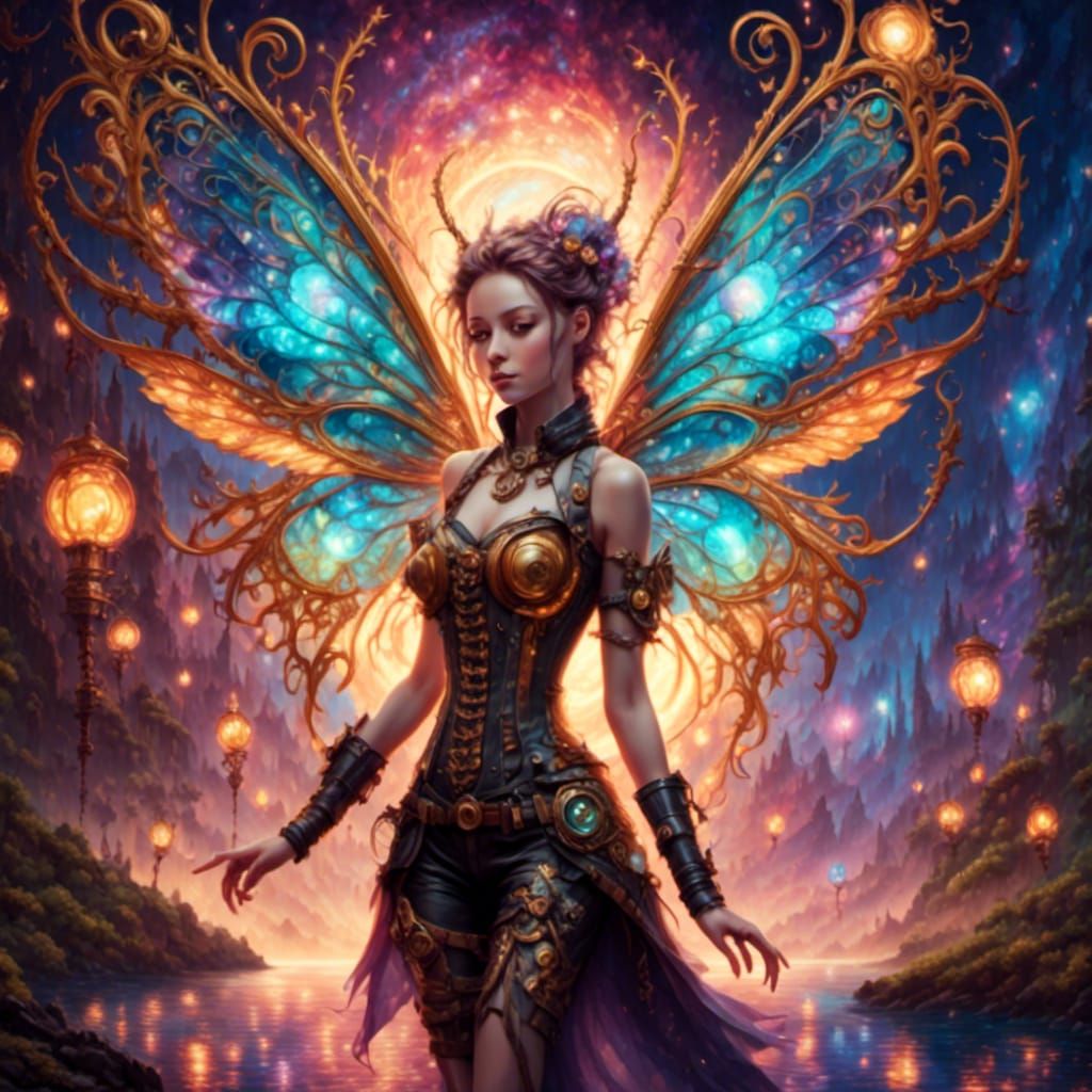 Steampunk Cosmic Firefly Fairy with Glowing Mecha Elements