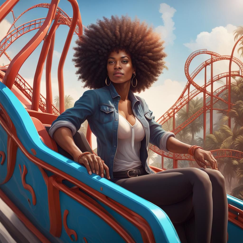 Joyful Woman on Roller Coaster: Digital Art Portrait