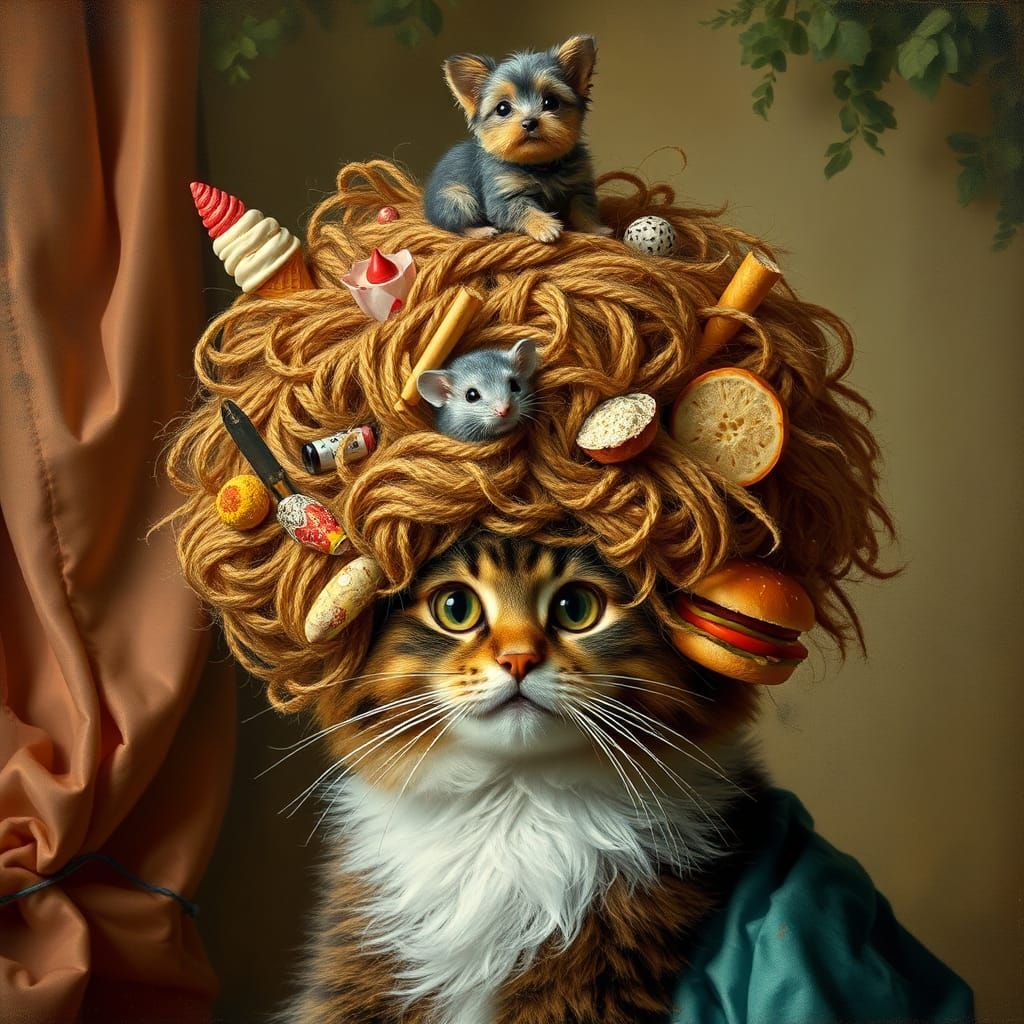 Cat with Extravagant Wig in Renaissance Painting