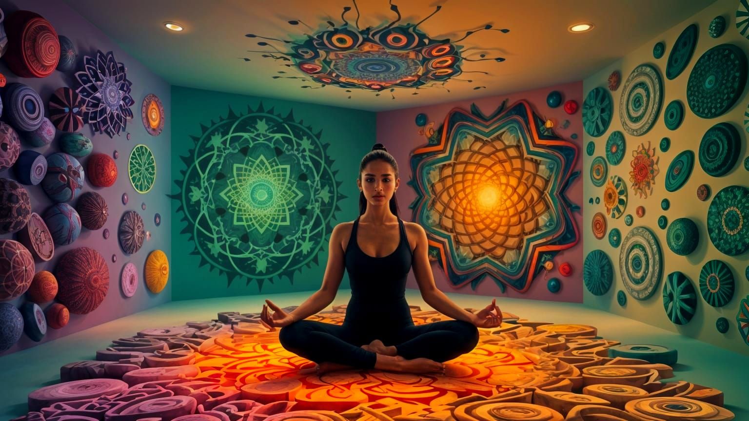 Meditating Woman Surrounded by Turing Patterns
