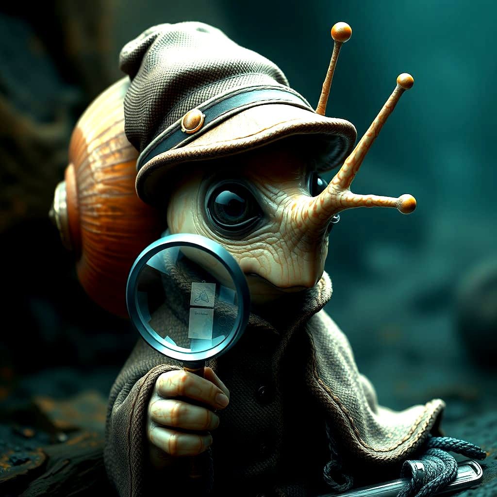 Curious Snail as Sherlock Holmes with Magnifying Glass