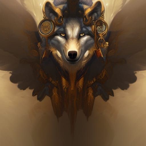 Winged Wolf God Portrait in Art Nouveau Style