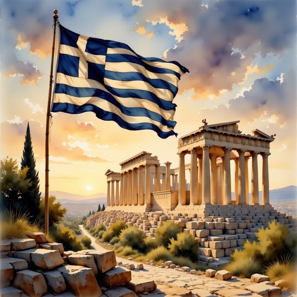 Greek Flag Soars Above Parthenon at Sunset