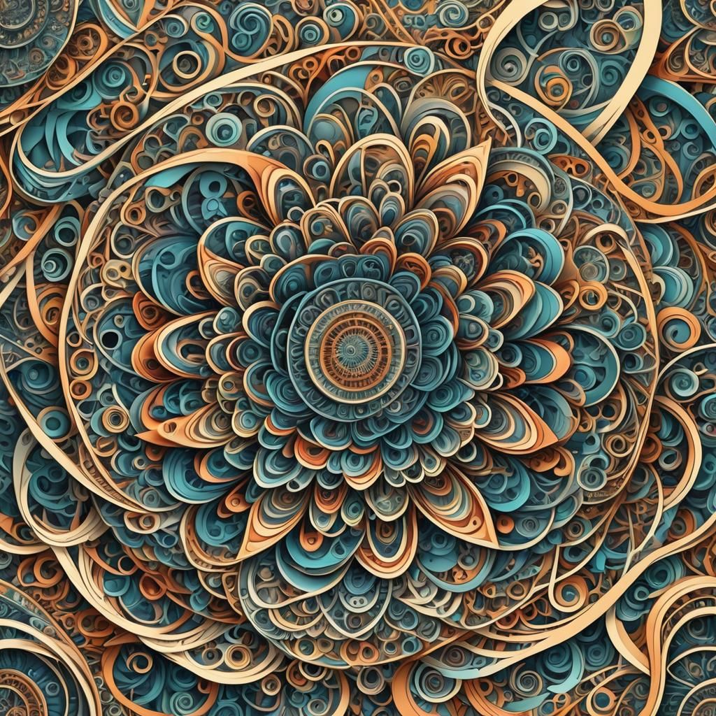 Exploding Geometric Mandala with Ribbons and Swirls