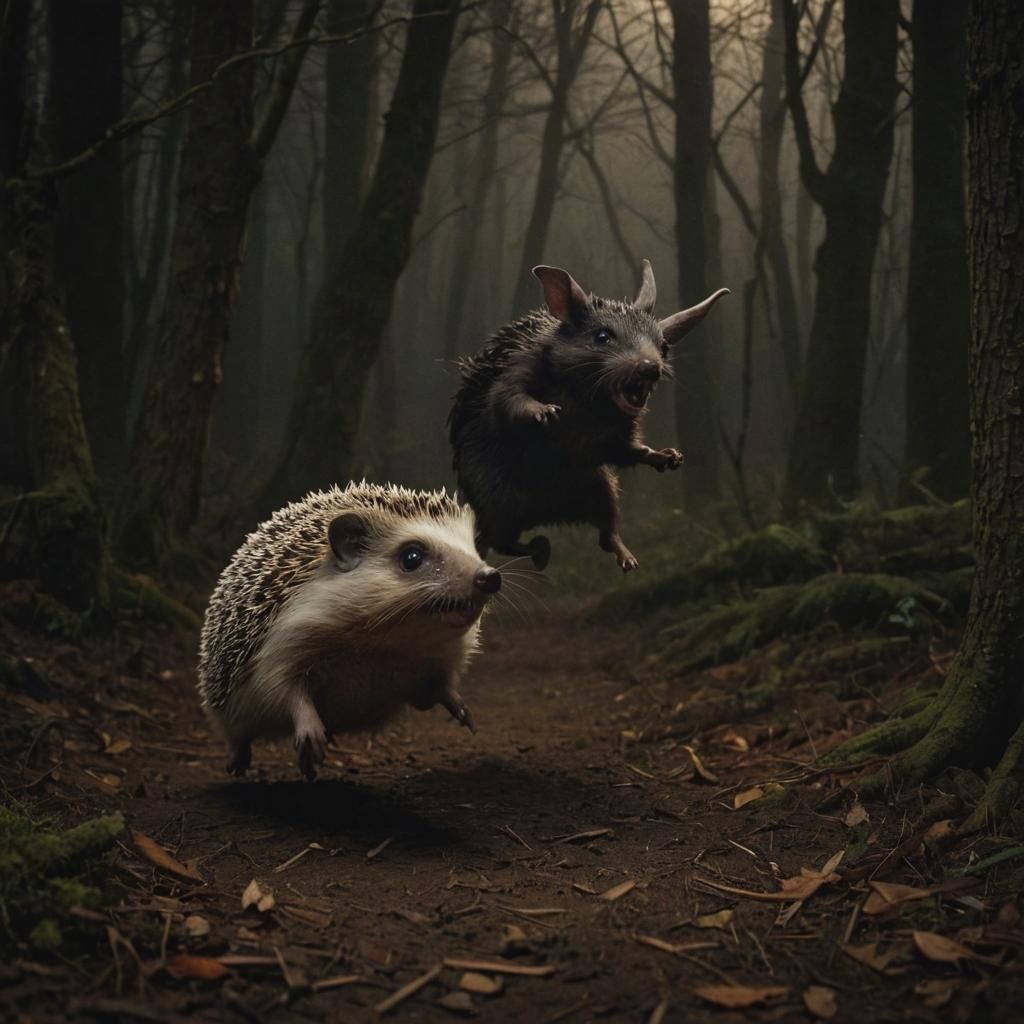 Hedgehog Hunting Vampire Rabbit in Expressionist Dark Fantas...
