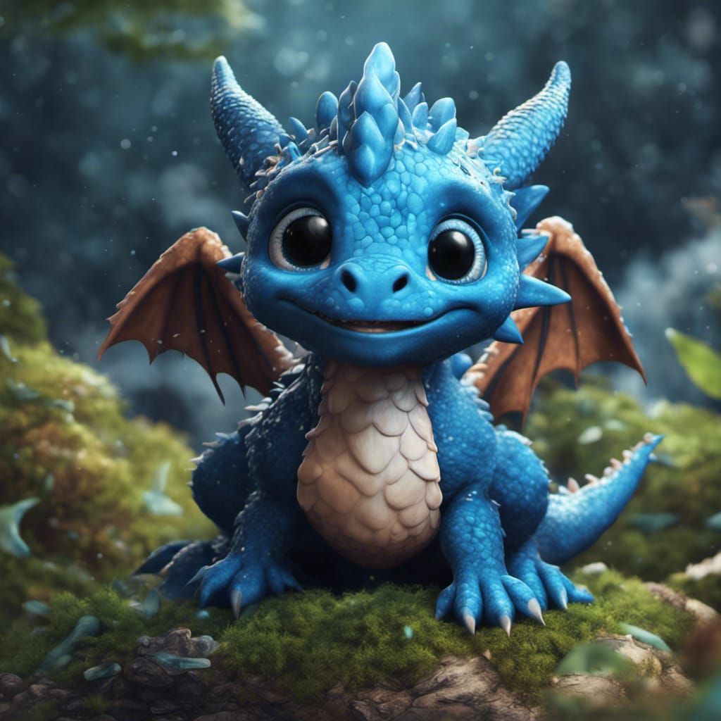 Cute Blue Baby Dragon: Fantasy Concept Art