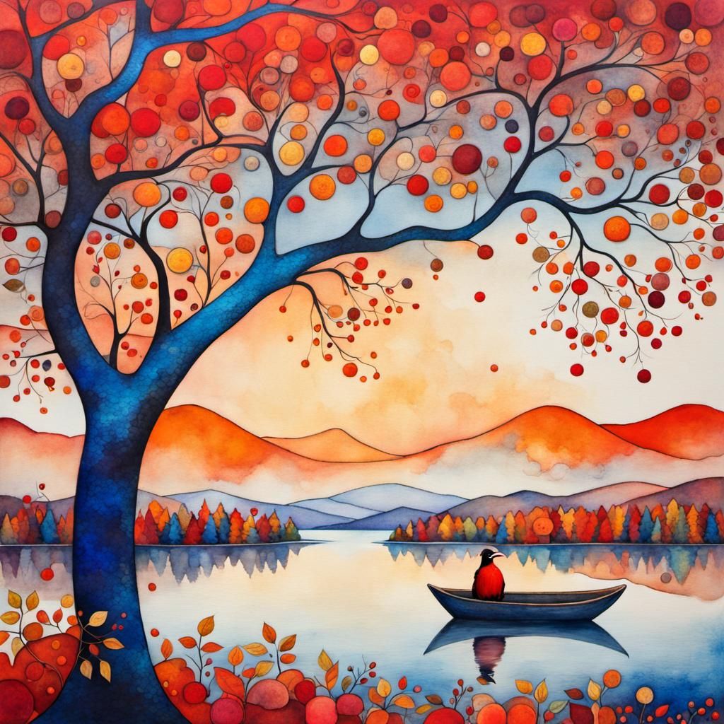 Whimsical Bird in Autumn Landscape, Klimt-Inspired Illustrat...