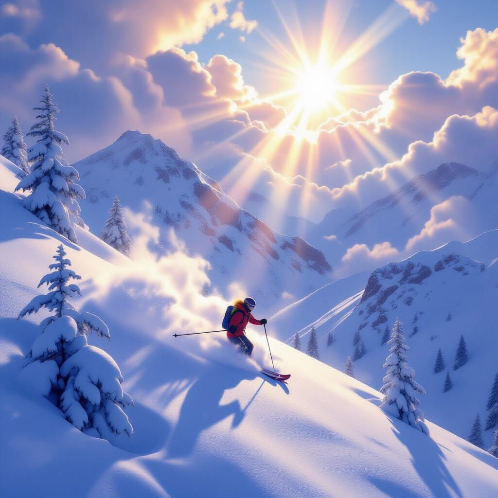Ethereal Skier Descends Mountain in Divine Sunshine